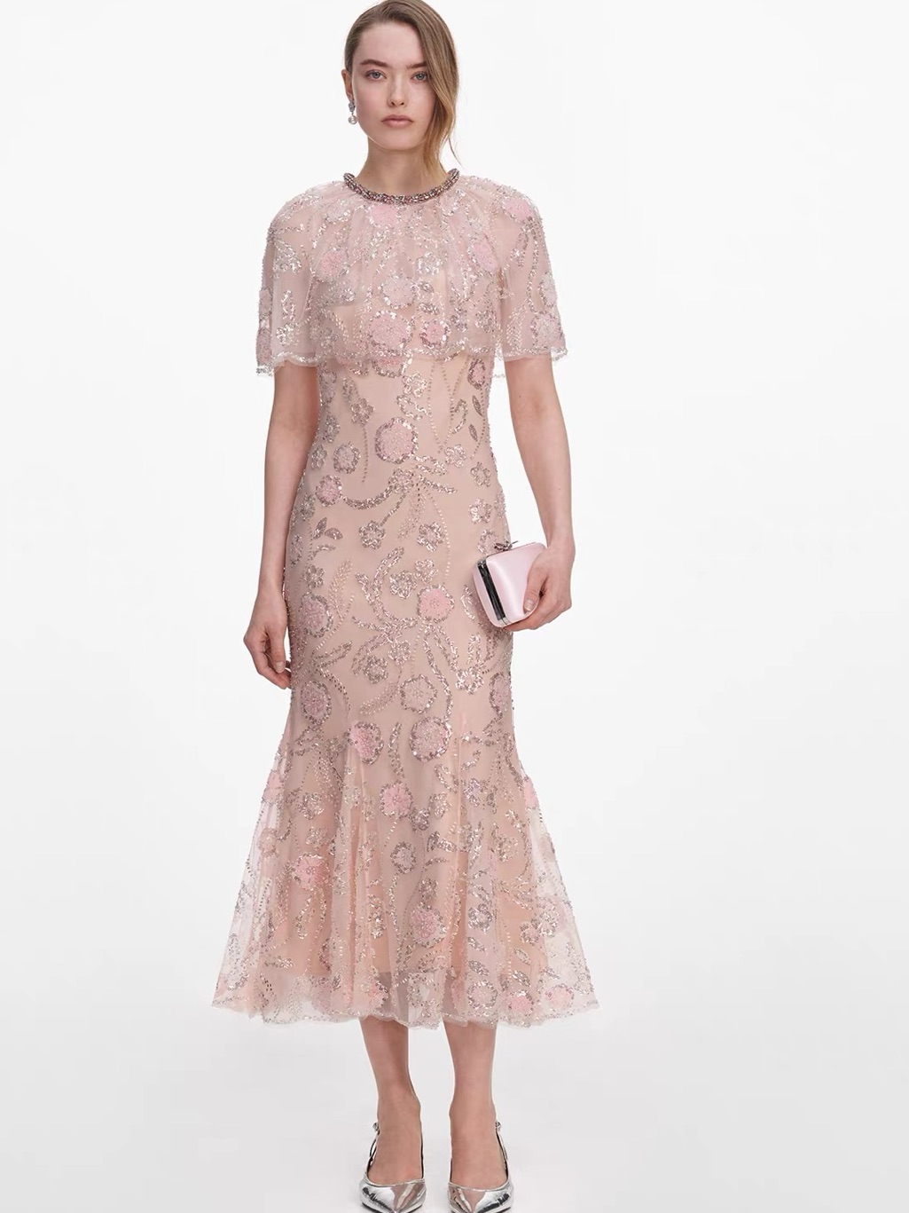 Nwot Self-Portrait Pink Embellished Cape Midi Dress